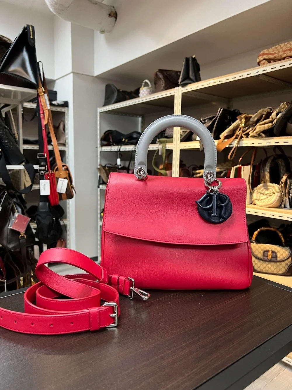 Dior Red Satchel with White Top Handle and Navy Charm